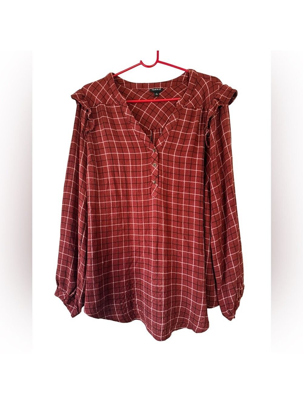TORRID Crinkle Gauze Ruffle Plaid Top Rust Burgundy Sz 2 18 20 $60